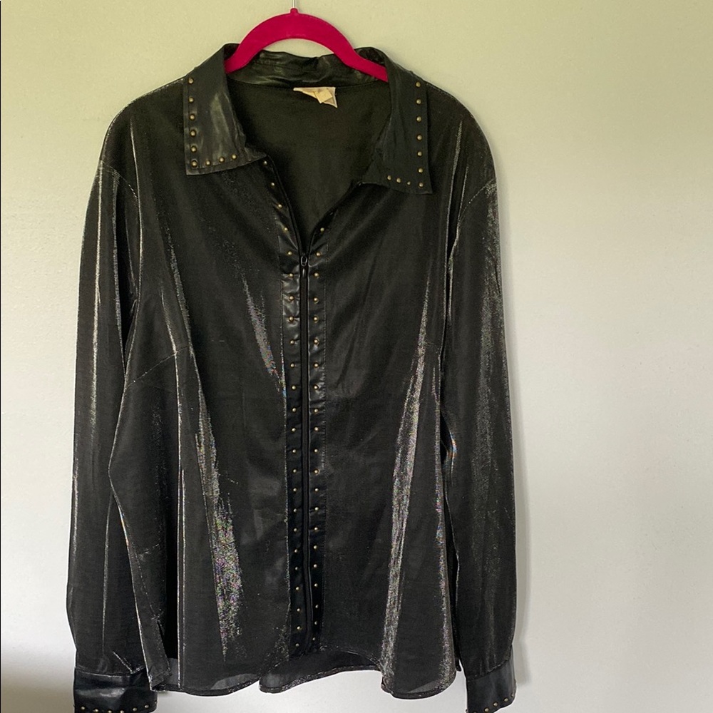 Black Studded Button-Up Sheer Blouse